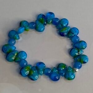 Turquoise Glass Bead Teardrop Bracelet 6.5" .925 silver crimp closure.